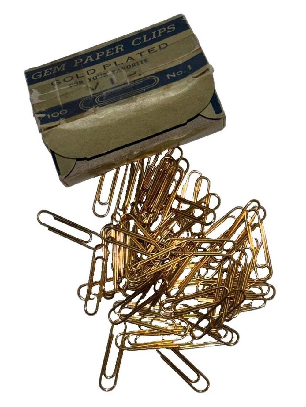 Vintage box of 75 gold-plated "V.I.P." Gem Paper Clips No. 1 Size